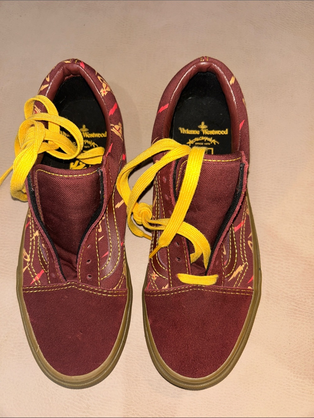 Vans Vivienne Westwood Burgundy and Yellow Low-Top Sneakers